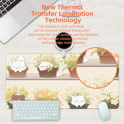Desk Pad, Cute Cat Potted Plant Desk Mat, Anime Kawaii Cat Large Gaming Mouse Pad for Desk, 31.5"x15.7" Extended Big Computer Keyboard Mouse Pad with Non-Slip Base and Stitched Edge - color: Cute Cat Potted Plant