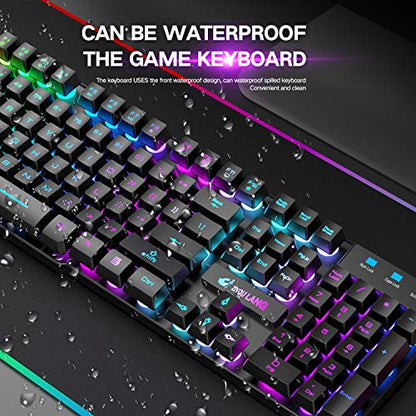 Rechargeable Wireless Gaming Keyboard and Mouse Combo with Mouse Pad, Black | 4,000mAh Battery, Up to 75H, Rainbow Backlight, 29-Key Anti-Ghosting, Mechanical Feel, 2,400 DPI, 6 Buttons, USB Receiver