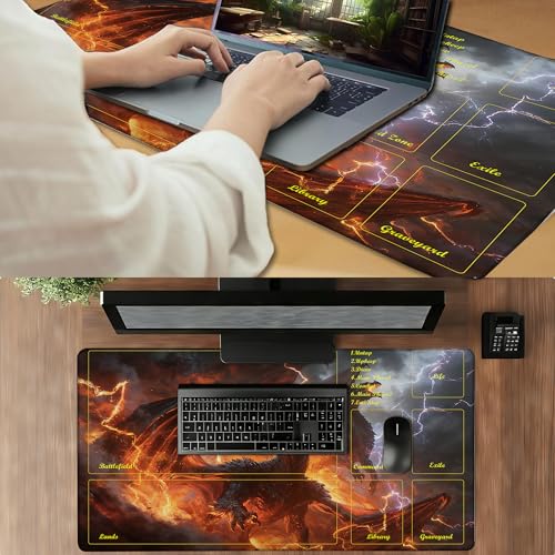 MTG Playmat TCG Card Mat Magic The Gathering Play Mat with Zone 24x14 Inch - color: Elemental Dragon Rage,with Zone