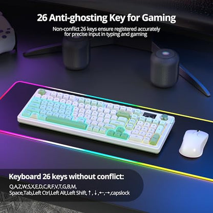 Fogruaden 96% Green Quiet Silent Wireless Gaming Keyboard with Number Pad & Knob, Mechanical Feel, Spill-Resistant, Multimedia Keys, Wired/BT/2.4G, USB Rechargeable Membrane Keyboard for Win/Mac - color: WhiteGreen