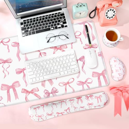 Relaxweex 4 Pcs Pink Bow Keyboard Mat and Mouse Pad Set Coquette Desk Mat Bowknot Mouse Pad with Wrist Rest Cute Keyboard Wrist Rest Preppy Cup Coasters Pink Ergonomic Design for Office Table Computer