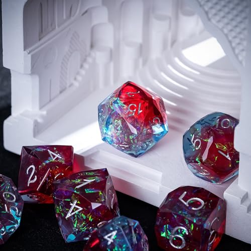 7PCS DND Dice Set,Transparent Sharp Edge Dice Set D&D RPG Polyhedral Die,for Dungeons and Dragons TTRPG Games Roleplaying Games,with Gift Box(Galaxy Blue and Red) - color: Galaxy Blue and Red