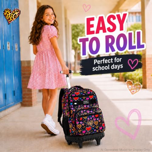 3Pcs Rolling Backpack for Girls Women, Leopard print Travel Roller Backpacks with Wheels for Adults, Teens College Wheeled Bookbag with Lunch Box(Brown) - color: Brown Love