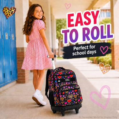 3Pcs Rolling Backpack for Girls Women, Leopard print Travel Roller Backpacks with Wheels for Adults, Teens College Wheeled Bookbag with Lunch Box(Brown) - color: Brown Love
