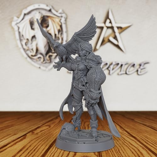 AUSPDICE Heroic 28mm Unpainted DND Miniature, Falconer Ward Paladin AS367 | Female Fantasy Figure with Falcon, Sword and Shield for Dungeons and Dragons, TTRPG, Tabletop RPG Games and Dungeon Masters