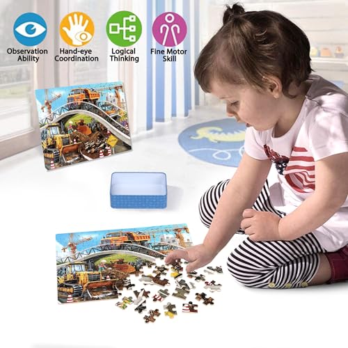 LELEMON Puzzles for Kids Ages 4-6,Construction Site 100 Piece Puzzles for Kids Ages 4-8 in a Metal Box,Educational Jigsaw Puzzles 100 Piece Puzzle Games Puzzle Toys for Girls and Boys - color: Construction Vehicle