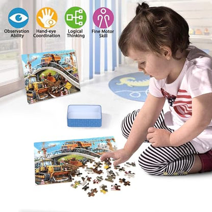 LELEMON Puzzles for Kids Ages 4-6,Construction Site 100 Piece Puzzles for Kids Ages 4-8 in a Metal Box,Educational Jigsaw Puzzles 100 Piece Puzzle Games Puzzle Toys for Girls and Boys - color: Construction Vehicle