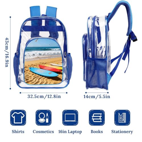 16" Clear Backpack Waterproof Stadium Bag for Security | Beach Surfboard, Transparent Backpack Stadium Events, Heavy Duty Bookbag, See Through Bag for Sports Festivals Travel - color: Blue