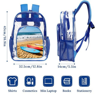 16" Clear Backpack Waterproof Stadium Bag for Security | Beach Surfboard, Transparent Backpack Stadium Events, Heavy Duty Bookbag, See Through Bag for Sports Festivals Travel - color: Blue