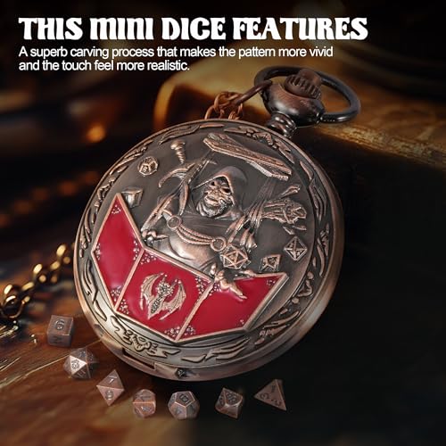 D&D Dice Set,7PCS Metal Dice for Dungeons and Dragons,Mini Dice Set with Pocket Watch Case,Role Playing Board Games Accessories (DM, Copper) - color: Copper, style: DM