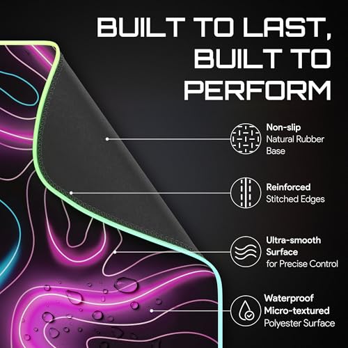Gerlos RGB Gaming Mouse Pad, Large LED Desk Mat, 31.5 x 11.8 Inch | 12 light modes, non-slip base, water-resistant surface, stitched edges - color: Neon Pink
