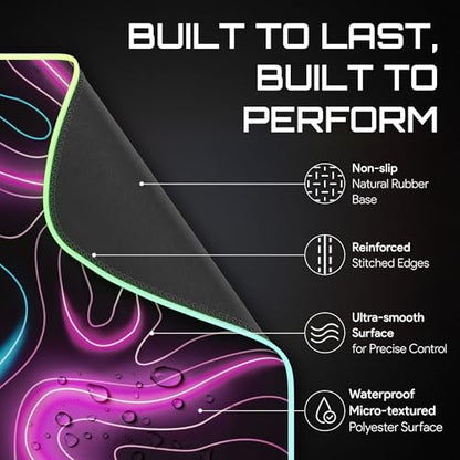 Gerlos RGB Gaming Mouse Pad, Large LED Desk Mat, 31.5 x 11.8 Inch | 12 light modes, non-slip base, water-resistant surface, stitched edges - color: Neon Pink