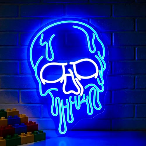Skull Neon Sign for Wall Decor Skeleton Dimmable Led Neon Lights Halloween Light Up Signs for Game Room Gift Decoration USB Powered - color: Skull Blue