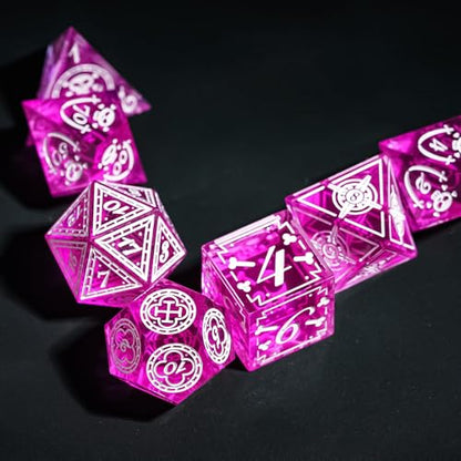 Cusdie 7-Piece Sharp Edges DND Dice Set with Pirate Design - Perfect for Tabletop RPGs Board Games Gifting and Collecting(Rose Red w/White Pirate Pattern) - color: Rose Red W/White Pirate Pattern