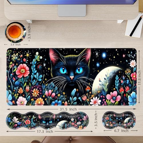 Large Mouse Pad and Keyboard Wrist Rest, Desk Pad for Keyboard and Mouse, 4-in-1 Large Gaming Mouse Pad with Wrist Support, Desk Mat for Home Office Study Game,Black Cat Flower - color: Black Cat Flower