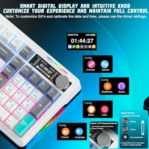 LINGBAO K98 PRO 96% Mechanical Keyboard Wireless, with Screen & Knob, Creamy Gaming Keyboard, Tri-Mode BT5.0/2.4GHz/USB-C, Gasket Mount Hot-Swappable Linear Switches RGB Backlit Gamer Keyboards for PC - color: K98Pro | 10000mAh | White Blue Grey
