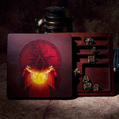 UDIXI 2 in 1 DND Dice Tray, Bamboo Dice Box for D&D RPG Tabletop Games | Magnetic Lid, Wizard Pattern, Storage Box, Holds 6 Sets of Polyhedral Dice, for Dungeons and Dragons Role Playing Games - color: Square-wizard