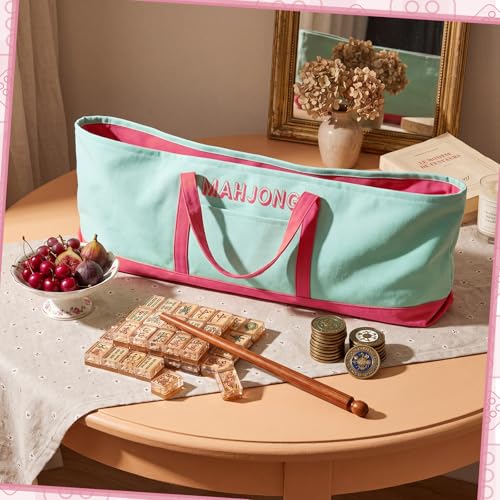 Mahjong Bag for Tiles and Racks Empty American Mahjong Tiles Carrying Tote 31.5 x 12 x 4 Inch Canvas Tile Game Accessory Gift for Pusher Rack Mat Carrying, Case Only(Rose Red and Green) - color: Rose Red and Green