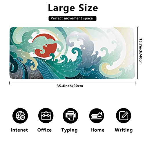 Ocean Wave and Sun Desk Mat,Traditional Japanese Wave Extended Gaming Mouse Pad,Large Non-Slip Rubber Base Mousepad with Stitched Edges,Waterproof Mouse Mat Desk Pad for Office Game Home 35.4x15.75 in - color: Traditional Japanese Wave