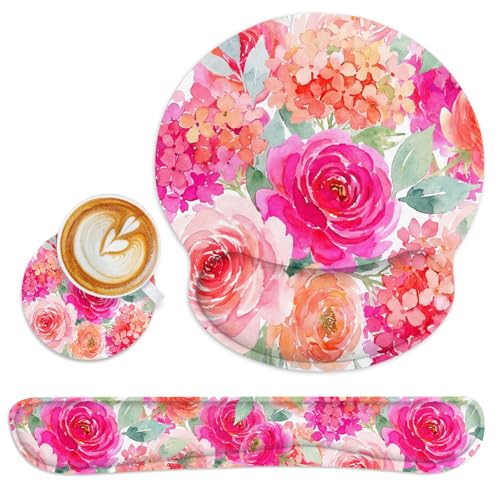 Ergonomic Mouse Pad Set with Wrist Rest, Pink Floral | Flower Peony Non-Slip Rubber Base Wrist Cushion Support and Coasters Mousepad with Wrist Support for Computer Keyboard - color: Floral Pink Peony