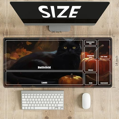 Board Game Mat TCG Playmat Plus 50 Pcs Card Sleeves, 24 x 14 inches Table Mats Games Mousepad with Zones Smooth Surface for MTG RPG CCG Trading Card Game Play Mats, Black Cat Pumpkin - color: Black Cat Pumpkin, size: Zone 1