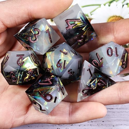 Holographic DND Sharp Edge Roleplaying Polyhedral Dice Set,for Dungeons and Dragons RPG MTG Table Games,7 Pcs Handmade Gemstone Dice Set - color: Ashen Nebula