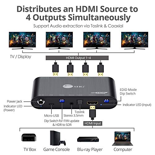 1X4 HDMI 4K 60HZ Splitter with EDID | Feed four displays across mixed 4K/1080p or HDR/SDR setups; EDID and Toslink reduce compatibility issues. TAA.