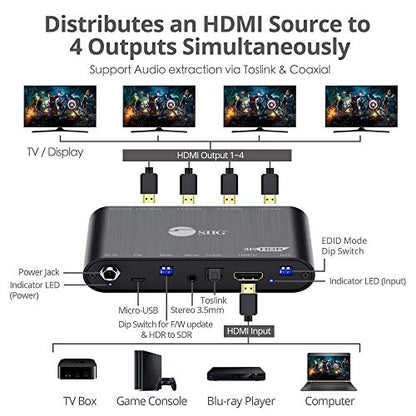 1X4 HDMI 4K 60HZ Splitter with EDID | Feed four displays across mixed 4K/1080p or HDR/SDR setups; EDID and Toslink reduce compatibility issues. TAA.