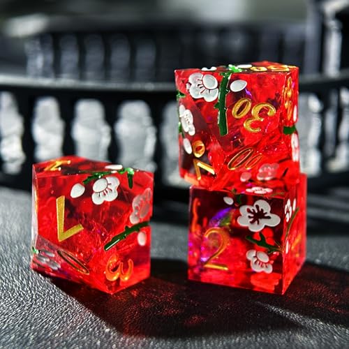 HAOMEJA Resin Flower Dice Set 7pcs/ Sharp Edged Polyhedral Dice/Apply to D&D/DND/RPG-MTG/Role Playing Table Game/Easter/Halloween Party Gift (Red & White Numbers) - color: 7 Red & White Numbers