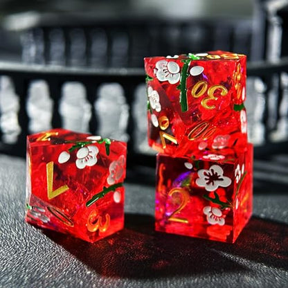 HAOMEJA Resin Flower Dice Set 7pcs/ Sharp Edged Polyhedral Dice/Apply to D&D/DND/RPG-MTG/Role Playing Table Game/Easter/Halloween Party Gift (Red & White Numbers) - color: 7 Red & White Numbers