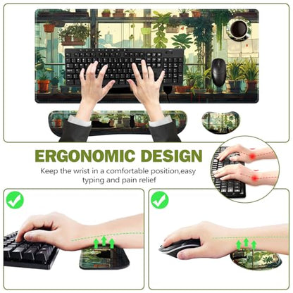 ToLuLu Extended Gaming Mouse Pad, Memory Foam Keyboard Mouse Wrist Rest Set | Large Desk Mat with Stitched Edges, Non-Slip Base Ergonomic Support Mousepad Home office, Cute Green Japanese Kawaii Cat - color: Cute Green Japanese Kawaii Cat