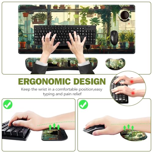 ToLuLu Extended Gaming Mouse Pad, Memory Foam Keyboard Mouse Wrist Rest Set | Large Desk Mat with Stitched Edges, Non-Slip Base Ergonomic Support Mousepad Home office, Cute Green Japanese Kawaii Cat - color: Cute Green Japanese Kawaii Cat