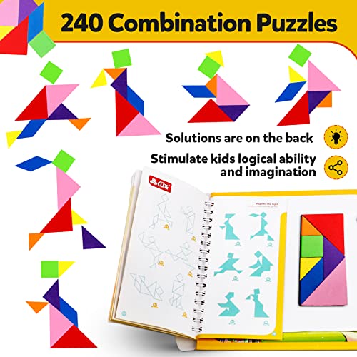 Travel Tangram Puzzle Car Game Magnetic Pattern Blocks Road Airplane Trip Essentials Activities Montessori Educational Toys Brain Teasers Book for Age 4-8 Kids Boys Girls Toddler (240 Solution) - color: 240 Solution