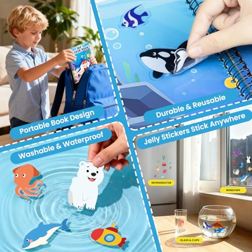 Ocean Reusable Sticker Book for Toddlers, DIY Make-a-face Jelly Stickers | Make A Face & Scene Decoration Play, Washable and Reusable Jelly Stickers, Portable Travel Friendly, Airplane Trip Essentials - style: Ocean