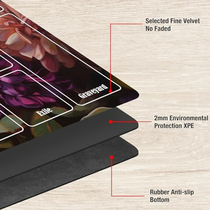 Board Game Mat TCG Playmat Plus 50 Pcs Card Sleeves, 24 x 14 inches Table Mats Games Mousepad with Zones Smooth Surface for MTG RPG CCG Trading Card Game Play Mats, Canvas Flower - color: Canvas Flower, size: Zone 1