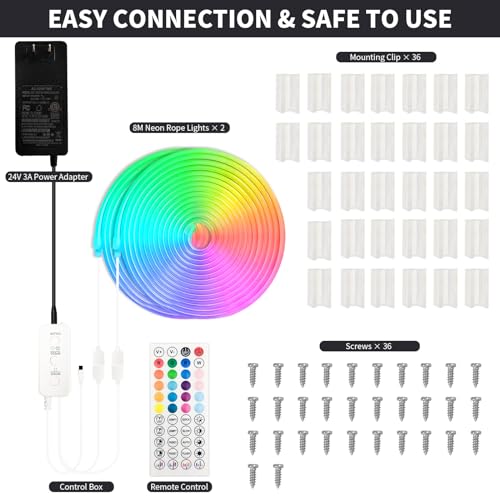 52FT LED Neon RGB+IC Lights IP65 Waterproof Outdoor Lights 2 Rolls | RF Remote & APP Control, Music Sync,DIY Design, 24V LED Strip Lights for Gaming Livingroom Wall Christmas Decor - size: Neon-RGB+IC-52ft