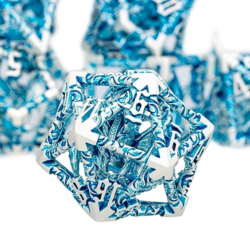 ARUOHHA Hollow DND Dice Set Silver Blue 5-Headed Dragons D and D Dice with Gift Box, Role Playing Games 7PCS Metal Dungeons Polyhedral Dice RPG Dice Set D20 D12 D10 D8 D6 D4 - color: Silver Blue-02