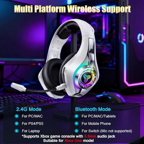 2.4GHz Wireless Gaming Headsets for PS5/PS4/Switch, New RGB Bluetooth 5.4 Noise Cancelling Gaming Headphones with 7.1 Surround Sound, 40mm Drivers, 276g Ultraligero, Memory Foam, 40Hrs Audífonos Gamer - color: White