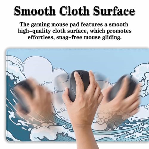 Big Mouse Pad Blue and White, Great Wave Desk Mouse Pads Office Desk Pads, Extra Large Gaming Mouse Pad Non-Slip Rubber Base Waterproof with Stitched Edges, 35.4 X 15.7 inch Japanese Wave - color: Japanese Wave