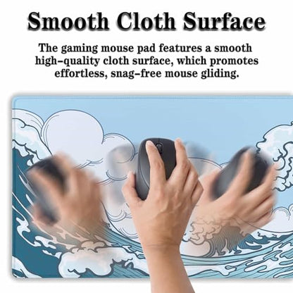 Big Mouse Pad Blue and White, Great Wave Desk Mouse Pads Office Desk Pads, Extra Large Gaming Mouse Pad Non-Slip Rubber Base Waterproof with Stitched Edges, 35.4 X 15.7 inch Japanese Wave - color: Japanese Wave