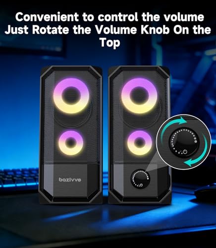 Computer Speakers for Desktop, Hi-Res Stereo Pair with Dual 5W Full-Range Drivers, 6 RGB Light Modes, USB Powered & 3.5mm AUX Input, Volume Knob, Mini Vertical Design for PC Gaming Monitor Laptop