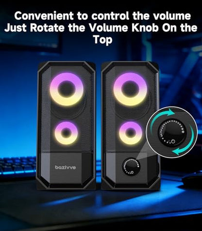 Computer Speakers for Desktop, Hi-Res Stereo Pair with Dual 5W Full-Range Drivers, 6 RGB Light Modes, USB Powered & 3.5mm AUX Input, Volume Knob, Mini Vertical Design for PC Gaming Monitor Laptop