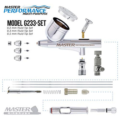 Master Airbrush G233 Performance Pro Airbrush Kit with 3 Nozzle Sets (0.2, 0.3 & 0.5mm Needles, Fluid Tips & Air Caps) Hose, Dual Action Gravity - Air Brush Gun for Painting, Aerografo Body Art & Cake - size: Hose Included