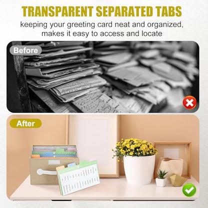 Greeting Card Organizer Box with 16 Dividers,Collapsible Greeting Card Storage Box With Lids，Ideal for Greeting Cards,Recipes, Photos, Envelopes, Keepsake（Beige，84 Pcs Labels） - color: Beige
