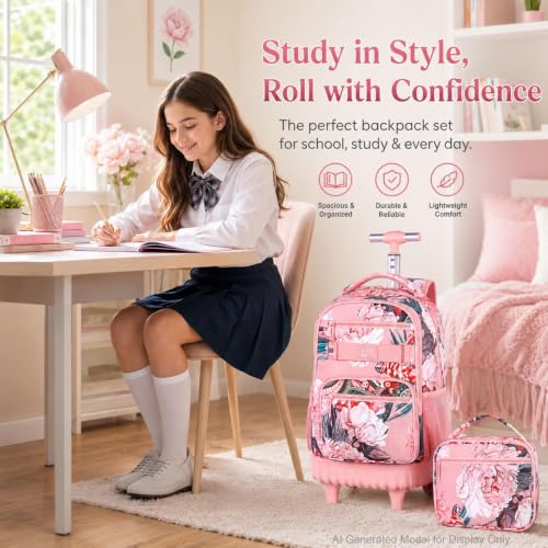 3Pcs Rolling Backpack for Girls Women, Travel Roller Backpacks with Wheels for Adults, Teens College Folwer Wheeled Bookbag with Lunch Box(Pink) - color: Flower Pink