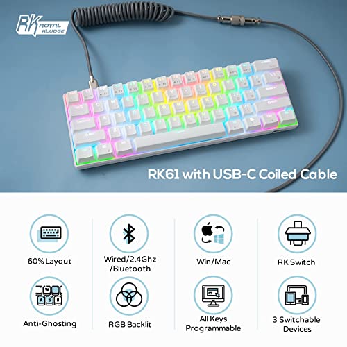 RK ROYAL KLUDGE RK61 60% Mechanical Keyboard with Coiled Cable, 2.4Ghz/Bluetooth/Wired, Bluetooth 61 Keys, Wireless RGB Hot Swappable Brown Switch Gaming Mini Keyboard with Software - White - color: White, size: Hot-swappable Brown Switch
