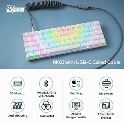 RK ROYAL KLUDGE RK61 60% Mechanical Keyboard with Coiled Cable, 2.4Ghz/Bluetooth/Wired, Bluetooth 61 Keys, Wireless RGB Hot Swappable Brown Switch Gaming Mini Keyboard with Software - White - color: White, size: Hot-swappable Brown Switch