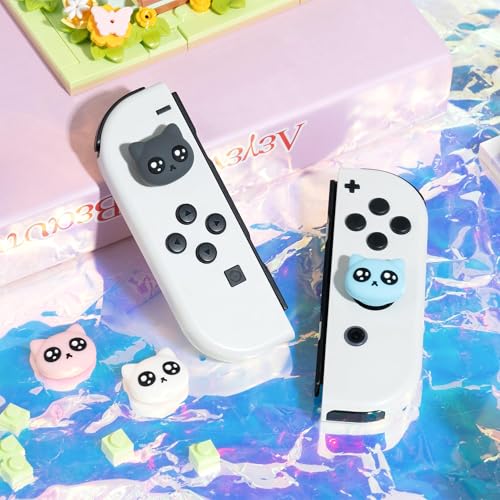 GeekShare 4PCS Cat Shape Silicone Joystick Caps for Switch/OLED/Lite - Tearful Eyes Cat Thumb Grip Caps - color: Pink with black and white accents