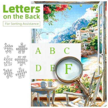 500 Piece Puzzle for Adults, Mediterranean Coastal Beach 500 Piece Jigsaw Puzzle, Vibrant Ocean Window View with Boat and Blooming Flowers Puzzle, Perfect for Family Game Night - color: Coastal Beach