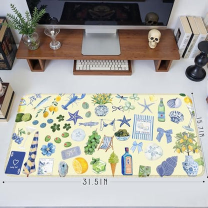 Cute Pastel Coastal Desk Mat with Vibrant Sea Life Beige Large Mouse Pad Cozy Aesthetic XXL Mouse Pad Anti-Slip Big Mousepad with Stitched Edges for Computer Desktop - color: A5- Italian Seaside